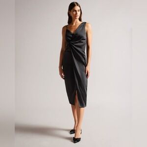 Ted Baker Odellia asymmetric waist detail black slip dress size 14